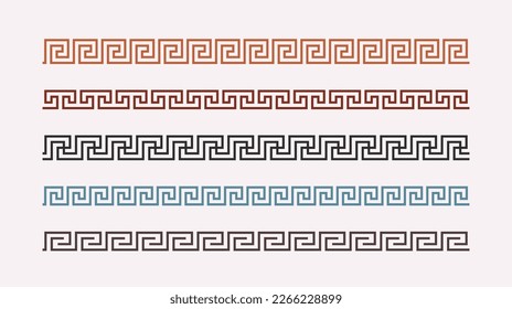 Greek key ornaments collection. Colored meander pattern set. Repeating geometric meandros motif. Greek fret design. Ancient decorative border. Vector decoration