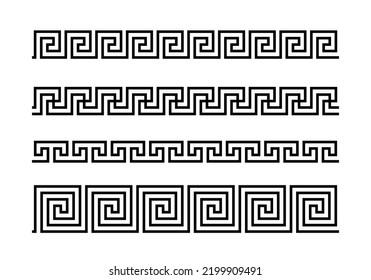 Greek key ornaments collection. Meander pattern set. Repeating geometric meandros motif. Greek fret design. Ancient decorative border. Vector decoration