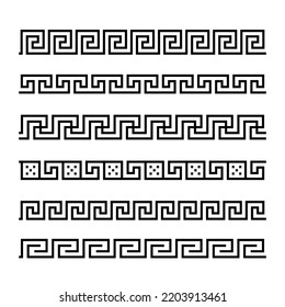 Greek key ornaments collection. Meander pattern set. Repeating geometric meandros motif. Greek fret design. Ancient decorative border. Vector