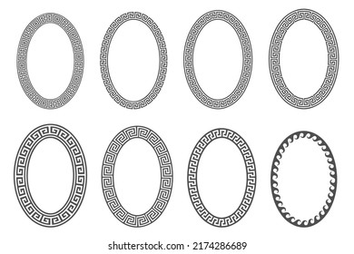 Greek key oval frame set. Circle borders with meander ornaments. Ellipse anciemt designs. Vector