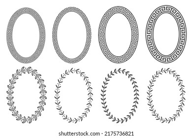 Greek key oval frame set. Circle borders with meander ornaments. Ellipse ancient designs. Vector