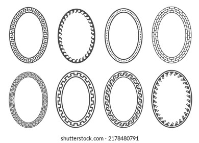 Marco oval de clave griega. Bordes de círculo con ornamentos más lisos. Elipse diseños antiguos. Vector