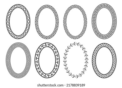 Marco oval de clave griega. Bordes de círculo con ornamentos más lisos. Elipse diseños antiguos. Vector