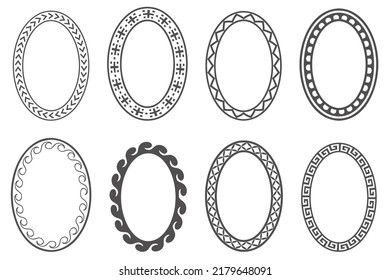 Marco oval de clave griega. Bordes de círculo con ornamentos más lisos. Elipse diseños antiguos. Vector