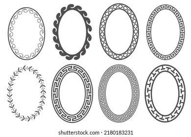 Marco oval de clave griega. Bordes de círculo con ornamentos más lisos. Elipse diseños antiguos. Vector