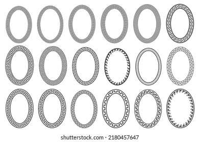 griechischer Schlüssel-Oval-Rahmen-Set. Der Kreis grenzt an Wandschmuck. Ellipse alte Designs. Vektorgrafik