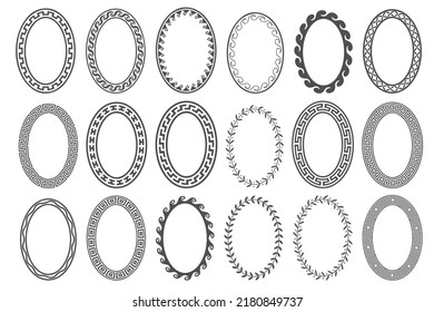 Greek key oval frame set. Ellipse ancient designs. Circle borders with meander ornaments. Vector