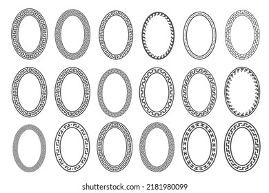 griechischer Schlüssel-Oval-Rahmen-Set. Der Kreis grenzt an Wandschmuck. Ellipse alte Designs. Vektorgrafik