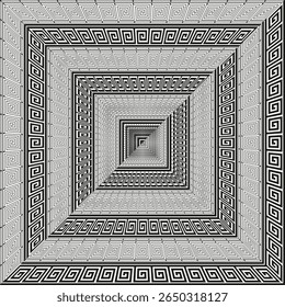 Patrón de clave griega. Efecto túnel de Perspectiva. Vector geométrico infinito. Repitiendo el diseño cuadrado.