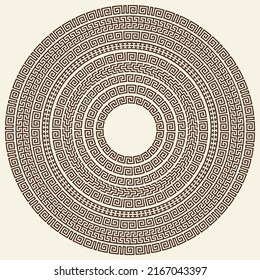 Greek key pattern, round frames collection. Decorative ancient meander, Greece border ornamental set with repeated geometric motif. Vector EPS10.