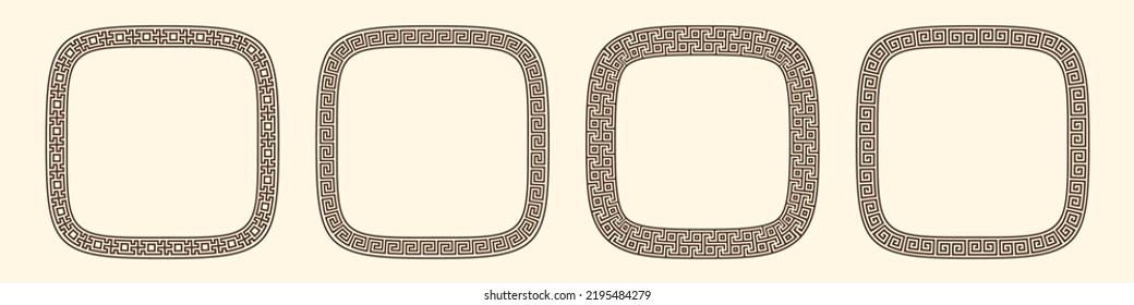 Greek key pattern, rounded square frames collection. Decorative ancient meander, greece border ornament set with repeated geometric motif. Vector EPS10.