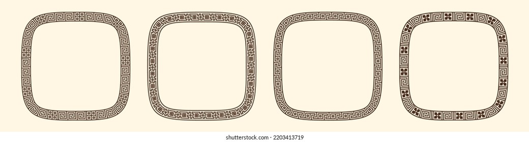 Greek key pattern, rounded square frames collection. Decorative ancient meander, greece border ornament set with repeated geometric motif. Vector EPS10.