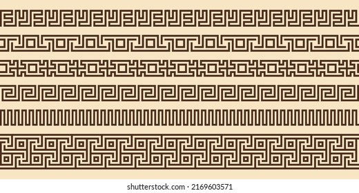 Greek key pattern, seamless borders collection. Decorative ancient meander, greece border ornament set with repeated geometric motif. Vector EPS10.