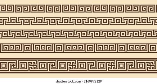 Greek key pattern, seamless borders collection. Decorative ancient meander, greece border ornament set with repeated geometric motif. Vector EPS10.