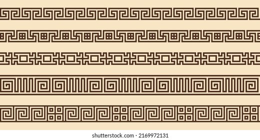 Greek key pattern, seamless borders collection. Decorative ancient meander, greece border ornament set with repeated geometric motif. Vector EPS10.