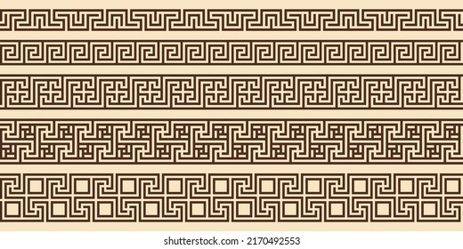 Patrón de clave griega, colección de bordes sin fisuras. Un antiguo serpentín decorativo, adorno de borde de grecia con repetidos motivos geométricos. EPS10 vectores.