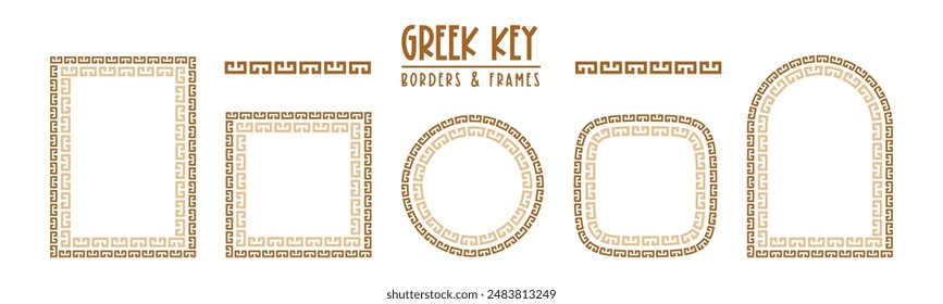Greek key pattern, seamless borders collection. Decorative ancient meander, greece border ornament set with repeated geometric motif. Vector EPS10.