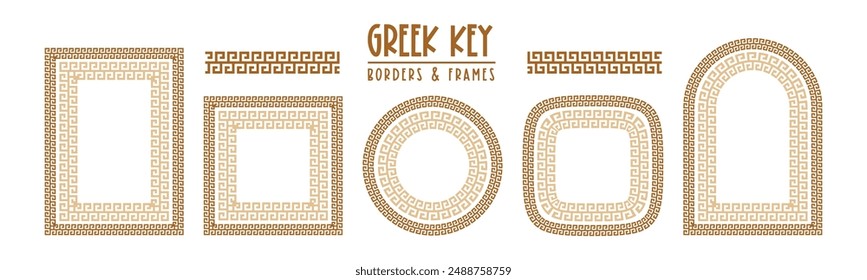 Greek key pattern, seamless borders collection. Decorative ancient meander, greece border ornament set with repeated geometric motif. Vector EPS10.