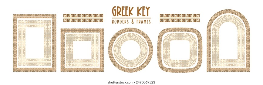 Patrón clave griego, colección de bordes sin fisuras. Mezclilla antigua decorativa, adorno de la frontera de Grecia establecido con motivo geométrico repetido. Vector EPS10.