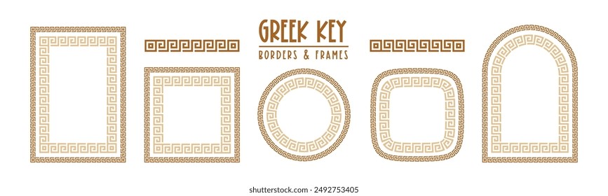 Greek key pattern, seamless borders collection. Decorative ancient meander, greece border ornament set with repeated geometric motif. Vector EPS10.