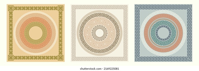 Greek key pattern, square and round frames collection. Decorative ancient meander, Greece border ornamental set with repeated geometric motif. Vector EPS10.