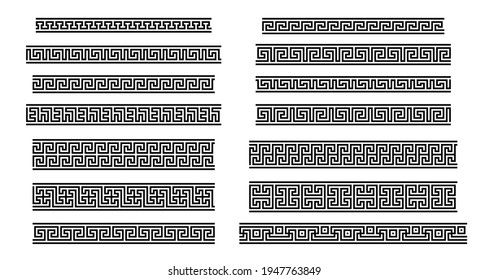 Greek Key seamless borders. Traditional meander patterns. Collection of ancient roman style frames. Vector illustration of geometric tileable motives.