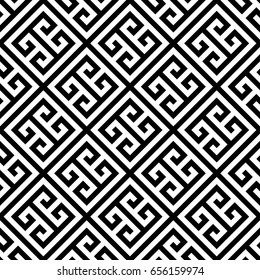 Greek key seamless pattern background in black and white. Vintage and retro abstract ornamental design. Simple flat vector illustration.