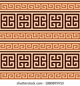 Greek key seamless vector geometric brown and yellow pattern inspired by ancient Greece pottery and ceramics art. Repetitive abstract pattern, traditional vase decoration
 