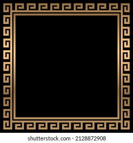 Greek key square frame on black background. Elegant golden meander pattern. Vector Illustration.