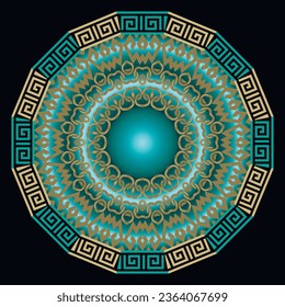 Greek lacy round mandala pattern with chains, frames, borders. Ornamental vector background. Greek key, meanders golden trendy surface ornaments. Luxury modern beautiful design. Ornate shiny texture.