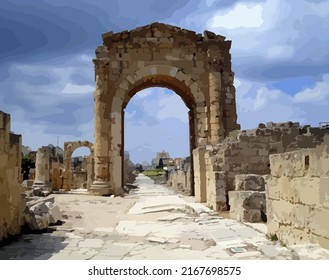 greek landscape of historical ruins, ancient architecture, columns, arches, marble, sandstone, warm colors of stone, blue sky, travel, history, postcard