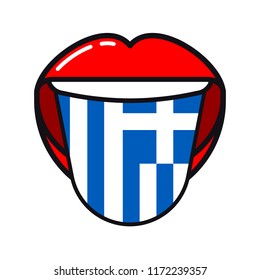 Greek language tongue with flag Greece open woman smile mouth flat icon