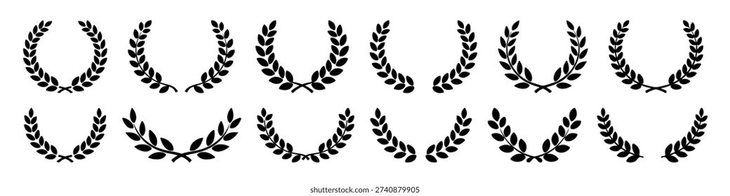 Greek laurel icons set. Circular foliage branches and wreath silhouettes, trophy crests, Greek olive branch awards, and winner round emblems.