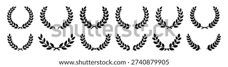 Greek laurel icons set. Circular foliage branches and wreath silhouettes, trophy crests, Greek olive branch awards, and winner round emblems.