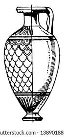 Greek Lekythos is elongated and cylindrical, it is painted in black and white, vintage line drawing or engraving.