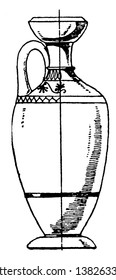 Greek Lekythos used in the toilet to store oils, it is a is elongated and cylindrical, vintage line drawing or engraving.