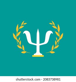Greek letter Psi with golden laurel leaves crown. Neuropsychology and psychology logo isolated on blue.  Psychotherapy concept. Vector illustration