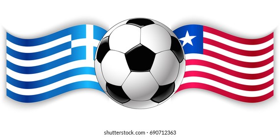 Greek and Liberian wavy flags with football ball. Greece combined with Liberia isolated on white. Football match or international sport competition concept.