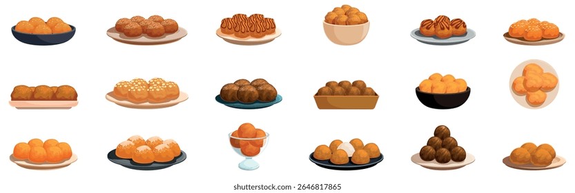 Grego loukoumades ícones conjunto. Conjunto de ícones de loukoumades mostrando variações das bolas de mel gregas servidas em pratos, em tigelas e em um copo, com e sem coberturas