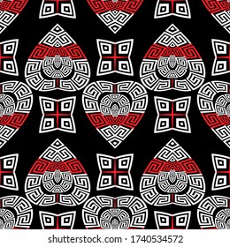 Greek love hearts vector seamless pattern. Ornamental geometric ethnic tribal style background. Colorful abstract backdrop. Geometric modern mandalas. Elegant ornament. Creative symmetrical design.