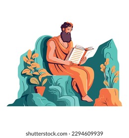 Greek man reading, sitting on a stone icon isolated