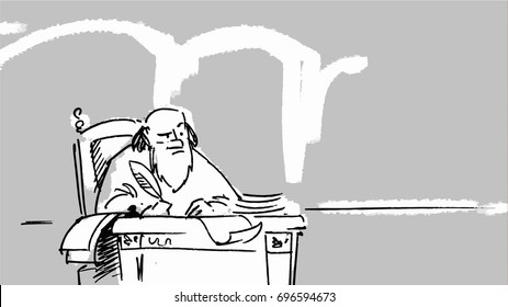 Greek man sitting, thinking and writing. Vector sketch for storyboard, projects, cartoon
