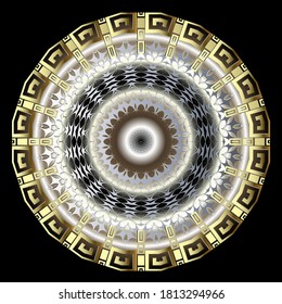 Greek mandala pattern. Luxury 3d background. Surface gold tribal ethnic style round ornament. Greek key, meanders. Ornate floral gold silver design. Vector illustration. Decorative frame, border.
