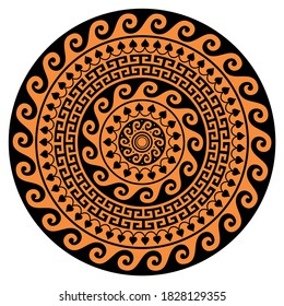 Greek mandala vector design, round key pattern inspired by an art from ancient Greece in brown and black. Decorative mandala background, geometric monochrome round bohemian design 