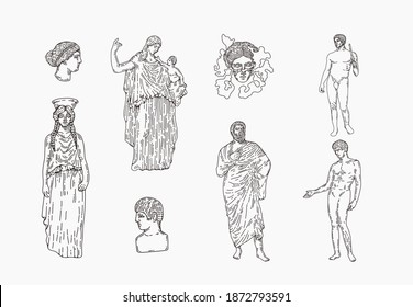 Greek marble statues aesthetic vector hand drawn illustration set. sculptures of human body and architectural elements. greek gods and mythology, ancient greece graphic design elements.