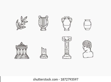 Greek marble statues aesthetic vector hand drawn illustration set. sculptures of human body and architectural elements. greek gods and mythology, ancient greece graphic design elements.