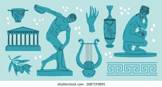 Greek marble statues aesthetic vector hand drawn illustration set. sculptures of human body and architectural elements. . Vector illustration