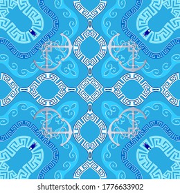 Greek marine seamless pattern. Vector blue ornamental background. Tribal ethnic style repeat backdrop. Geometric ornament with abstract anchors, waves, shapes, lines, frames. Greek key, meanders.