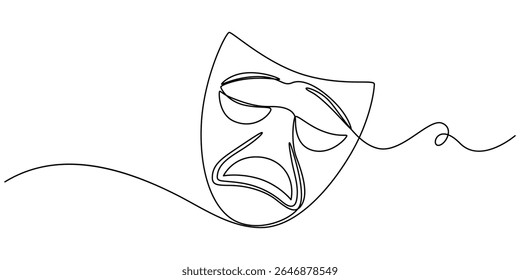 Máscara grega Desenho contínuo de uma linha - Ilustração de vetor de uma linha, Máscara grega Desenho de uma linha, Símbolos de evento de ópera Desenhado à mão contínuo, máscara de um vetor de linha. AVC editável, humor de teatro