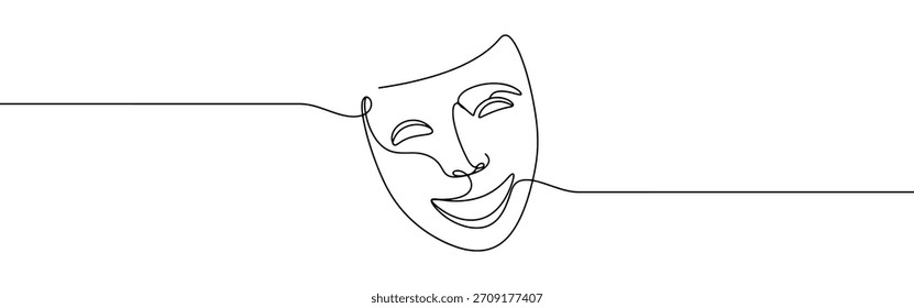 Dibujo de una línea continua de máscara griega. Símbolo de teatro.